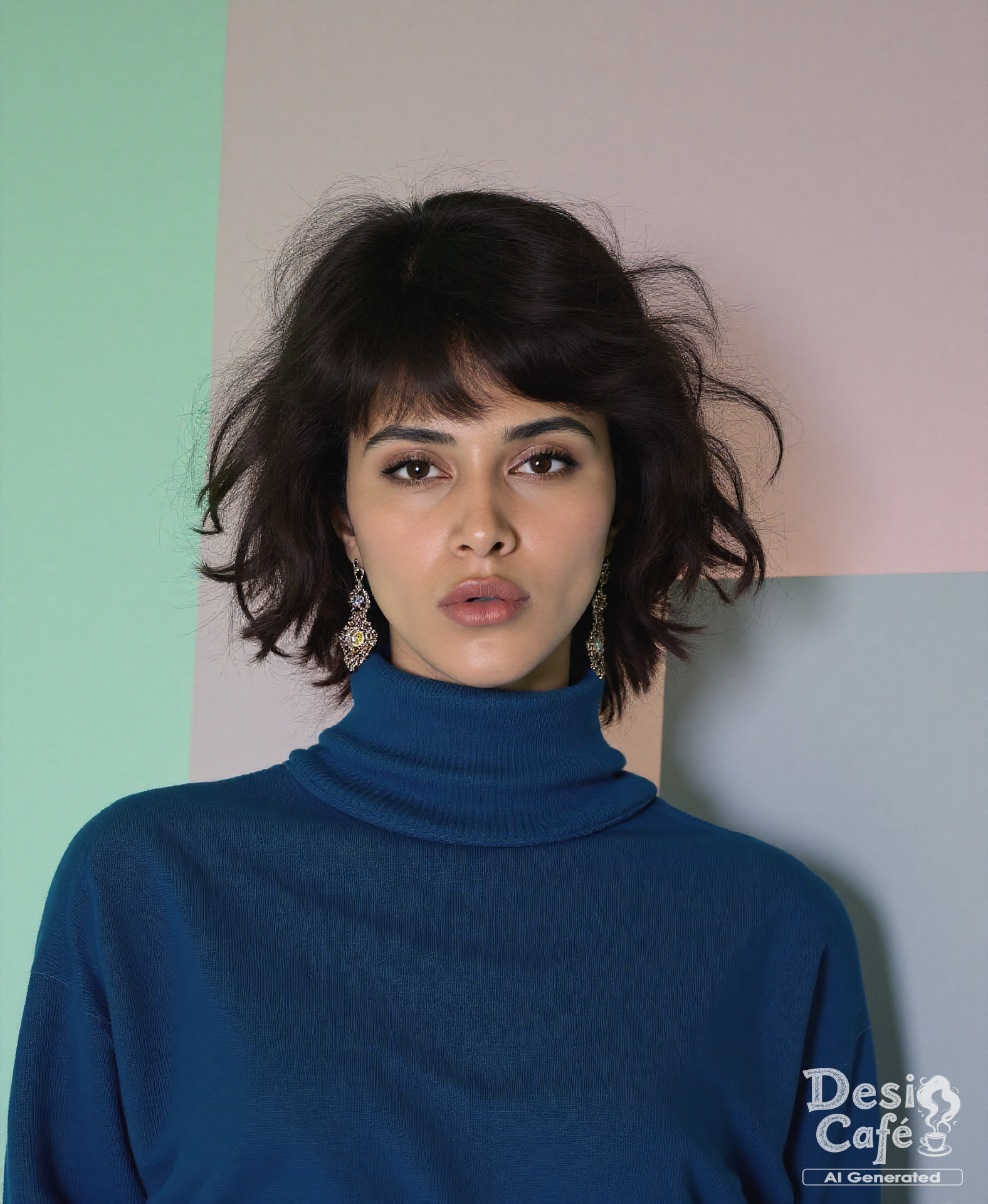 instagram photo of woman with d351 h0nth lips, hyper realistic photo that is safe for work, shy smile, studio quality image with natural colors, well dressed wearing intricate turtleneck Indigo sweatshirt, hair styled as  messy hair,muted pastel shaded multicolored background that contrasts with the person, cinematic lighting,ââ   <lora:d351 h0nth - Pouty Indian Lips - V2:1>âââ