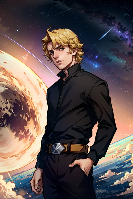 luke sd, looking at viewer, black outfit,star \(sky\), space, galaxy,blonde, colorful, belt, <lora:Luke sd-000004:0.7>