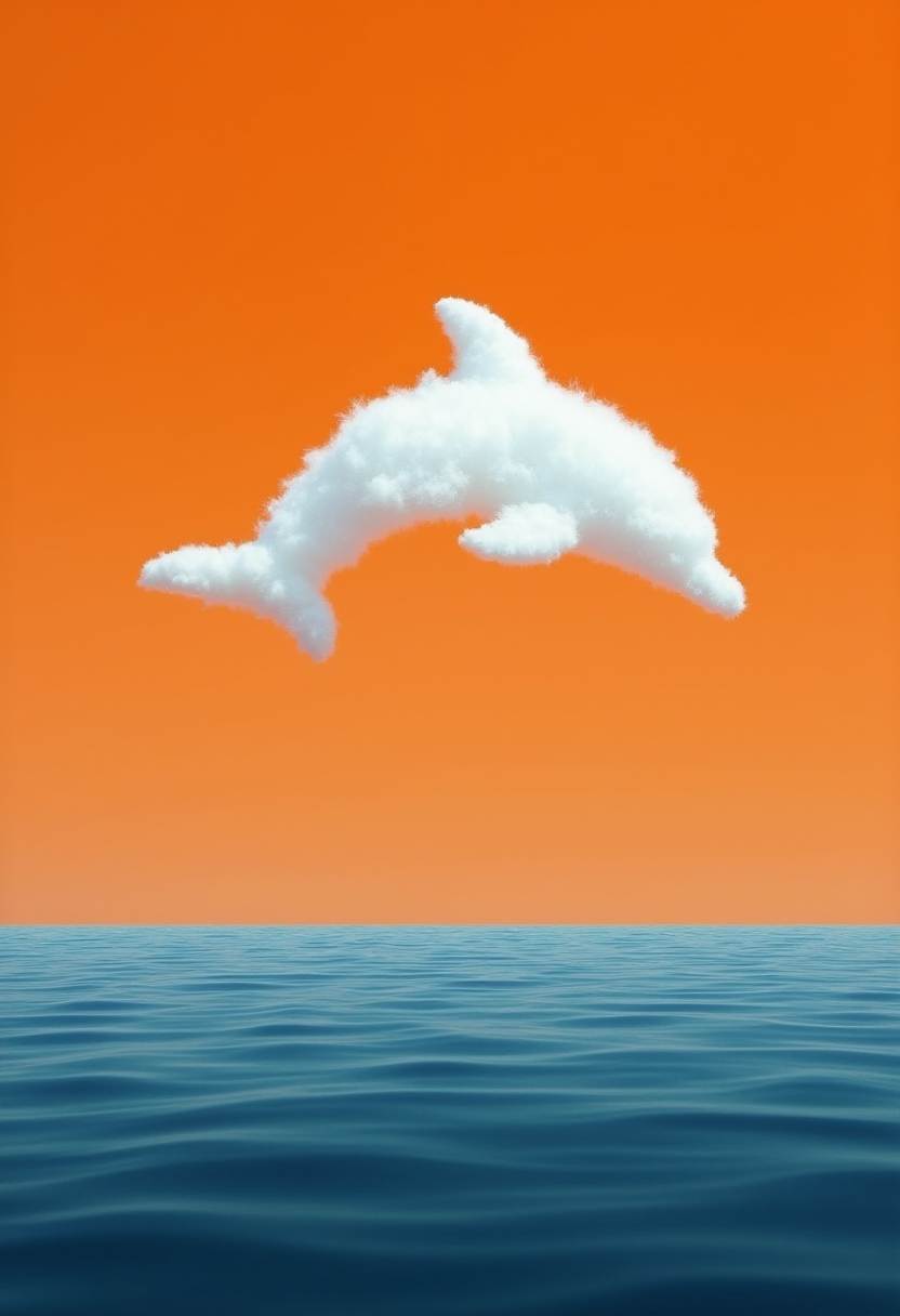 This image evokes a sense of calm, tranquility, and a touch of surrealism. The minimalist composition and vibrant color palette create a striking and visually appealing scene.

Color Scheme and Tones

Dominant Colors: The image is dominated by a warm, vibrant color palette, with a bright orange sky and a deep blue ocean.

Contrasting Colors: White color provides a striking contrast against the orange sky, drawing the eye to the center of the image.

Muted Palette: The overall color palette is slightly muted, emphasizing the serene and peaceful atmosphere.

Composition

Central Focus: The single fluffy cloud shaped like a dolphin is the central focus of the image, drawing the viewer's attention to the center of the composition.

Symmetrical Balance: The symmetrical arrangement of the sky and the ocean creates a sense of balance and harmony.

Leading Lines: The horizon line leads the eye towards the fluffy cloud shaped like a dolphin, adding depth and perspective.

Textures and Graphic Patterns

Mixed Textures: The image combines various textures, such as the smooth texture of the sky, the rough texture of the water, and the soft texture of the cloud which is in a shape of dolphin.

Graphic Patterns: The patterns created by the ripples in the water and the fluffy cloud shaped like a dolphin adds visual interest and rhythm to the composition.
Unique Artistic Technique (Minimalism and Surrealism)

This image is a prime example of minimalist and surrealist art. The minimalist approach, with its focus on simplicity and essential elements, creates a sense of calm and tranquility. The surreal element of the single fluffy cloud shaped like a dolphin in the vast sky adds a touch of mystery and wonder, inviting the viewer to contemplate the vastness of the universe.

Important Details

Symbolism: The cloud in a shape of a dolphin could symbolize various things, such as dreams, aspirations, or the fleeting nature of life.
Surrealism: The image is slightly surreal, with the single fluffy cloud shaped like a dolphin contrasting with the vast expanse of the sky and ocean.
Atmosphere: The serene and peaceful atmosphere invites the viewer to relax and contemplate the beauty of nature.
Overall Interpretation

This image is a captivating and thought-provoking piece of art that invites the viewer to appreciate the simple beauty of the natural world. The minimalist composition, vibrant colors, and surreal touch create a visually stunning and emotionally resonant image. It encourages viewers to slow down, take a breath, and appreciate the beauty of the moment.