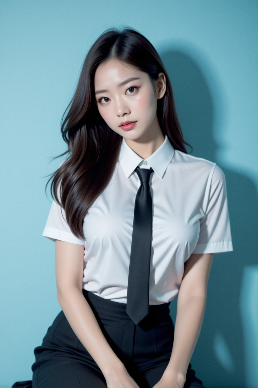 [8][24_94]<lora:SofiaFluxV1:1>, Realistic photograph, masterpiece, Against a soft, true gradient blue background, a stunning real large breasts Japanese woman with long, flowing dark hair, her piercing gaze directly addressing the viewer. necktie, looking at viewer, shirt, skirt, white shirt, realistic, brown eyes, lips, sitting, short sleeves, collared shirt, black skirt, black necktie, office lady, indoors