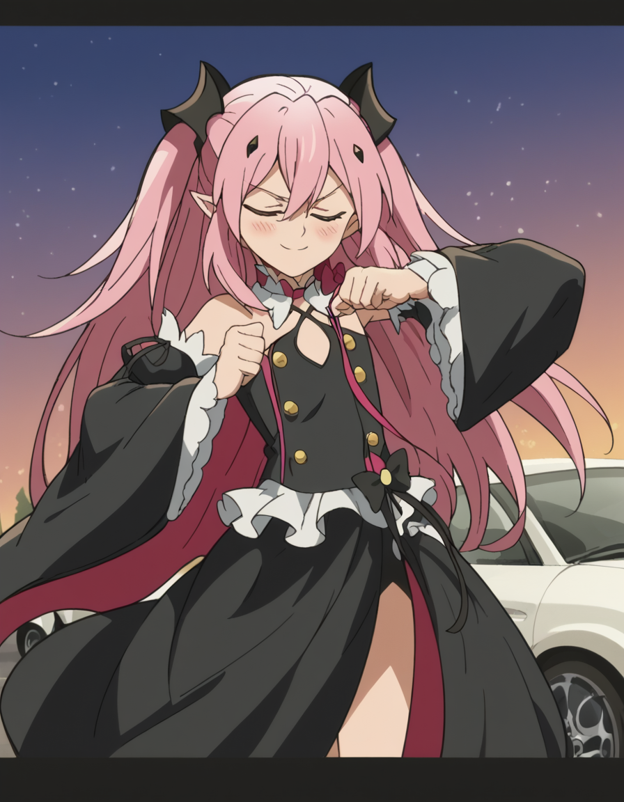 score_9, score_8_up, score_7_up, source_anime, <lora:krul-tepes-s2-ponyxl-lora-nochekaiser:1>, krul tepes, long hair, red eyes, pink hair, pointy ears, hair ornament, anime screencap, dress, bare shoulders, detached sleeves, wide sleeves, detached collar, black dress, bowtie,, parking lot, cars, asphalt, spaces, open, smile, <lora:shikairo-days-dance-ponyxl-lora-nochekaiser:1>, shikairo days dance, shikairo days dance (meme), dancing, meme, closed eyes, clenched hands, glowsticks, blush, smile,, looking at viewer, solo,, dutch angle, cowboy shot