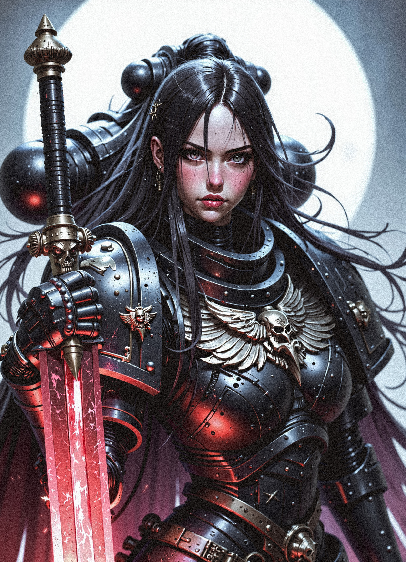 RavenG40k space marine holding an ancient sword by the handle. wearing ragged gothic dark armor. The blade itself is a pure black color and a sheen of red light reflects of its worn surface, obsidian landscape, flowing black hair, pitch-black eyes, bored expression <lora:FluxRavenG40k:0.9> <lora:FluxMythP0rtr4itStyle:0.6> mythp0rt,
