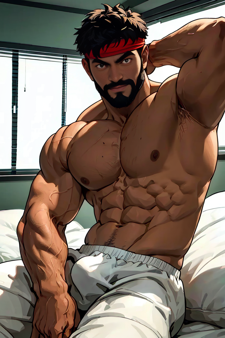 ryu, 1guy, beard, smirk,  shirtless,headband, ,(white pants:1.1), detailed eyes,  oily skin, smirk, hands behind head, bulge, medium shot, lying on bed, bedroom, highres, sharp picture, mood lighting, intricate details, erotic picture, handsome man , detailed eyes, best quality, masterpiece, highres, perfect picture, highly detailed, high contrast , digital colors, bright colors , perfect face, looking to viewer <lora:ClassicHotRyu:1>