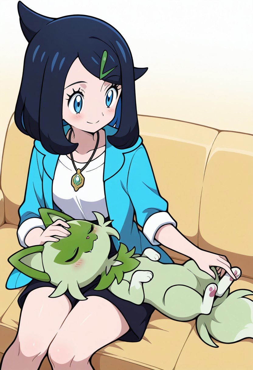 masterpiece, best quality, amazing quality,, <lora:hex- <lora:lap-pillow-illustriousxl-lora-nochekaiser:1>, lap pillow, sitting, lying, on back, looking at another, sleeping, hand on another's head, blush, smile, knees, on couch,
1girl and pokemon,Sprigatito,
BREAK pokemon, official style, 
aaliko(pokemon), medium hair, black hair, colored inner hair, hairclip, blue eyes, collarbone, necklace, white shirt, blue jacket, open jacket, sleeves rolled up, high-waist shorts, black shorts