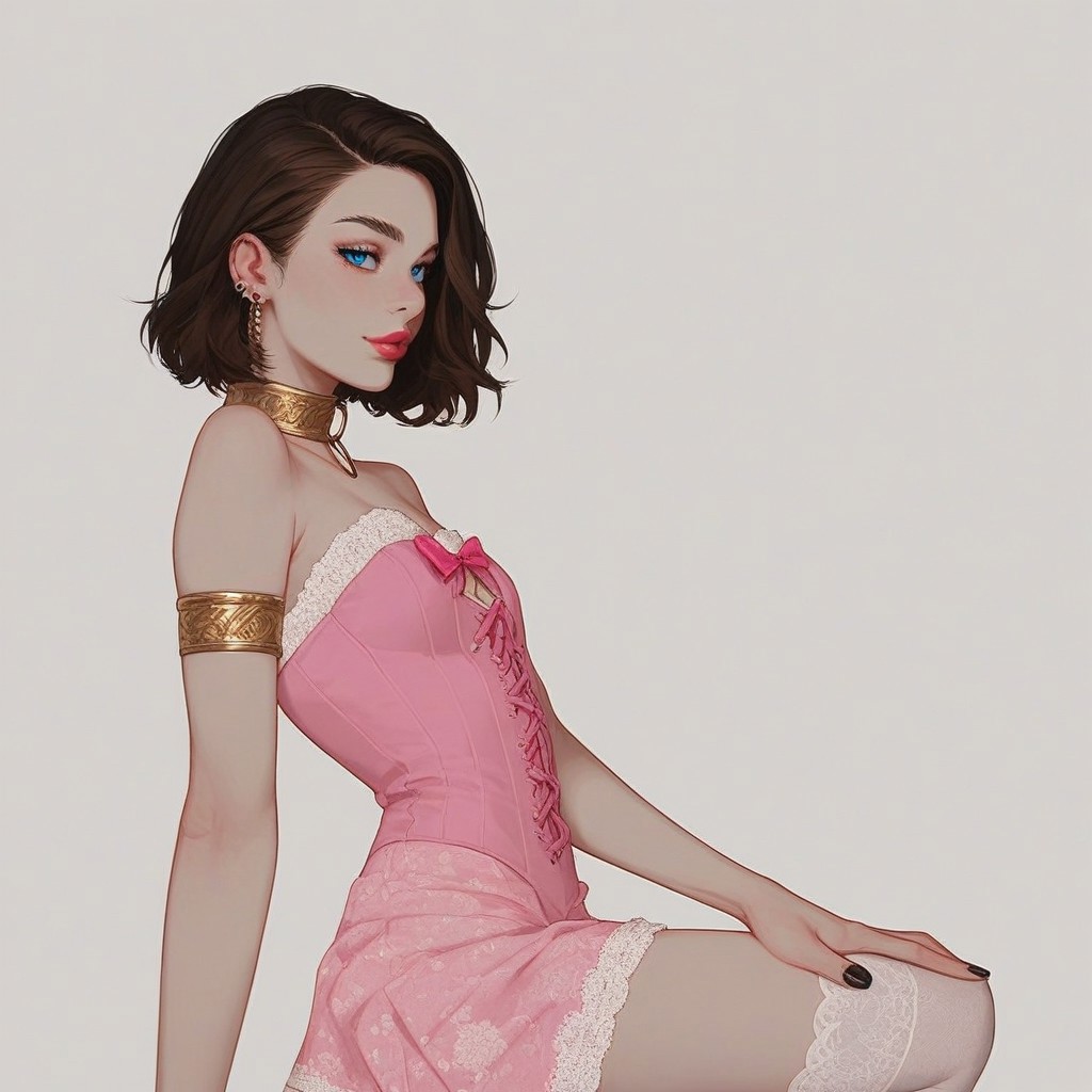 score_9, score_8_up, score_7_up, Expressiveh, , sexy pose, 
, kawaii, perfect eyes, detailed, , pale skin, perfect skin, 
(1_Femboy), detailed eyes, big blue eyes,
 , 
sexy skinny feminne body, 
, narrow waist, bob haircut ,brown hair, 
Lace stockings, , black nails, , ear piercing, makeup, lipstick, strands, manicure,
, submissive, thin waist, , collar,
Aroused, 
    , gold armlet, lace sleeves, detached sleeves, sleeves past wrists, see-through, o-ring choker, pink corset, patterned clothing, floral print, lace overskirt, underskirt, , frills, pink bows, lace thighhighs, high-heel boot, highly detailed, intricate, one arm up, leaning back against pillar, one knee up, one hand on thigh, side view, sexy expression, cowboy shot, modelshoot, abstract background, solo