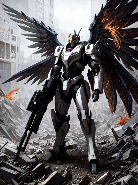 (masterpiece,high_quality:1.3),a (mecha:1.2) soldier battlesuit with a rifle and mechanical wings ,post apocalyptic city,battle pose,(nixeu_exta,nixeu_basic2,nixeu_soft:0.8),realistic,photorealistic,from above,explosions around him, fire, explosion, cinematic