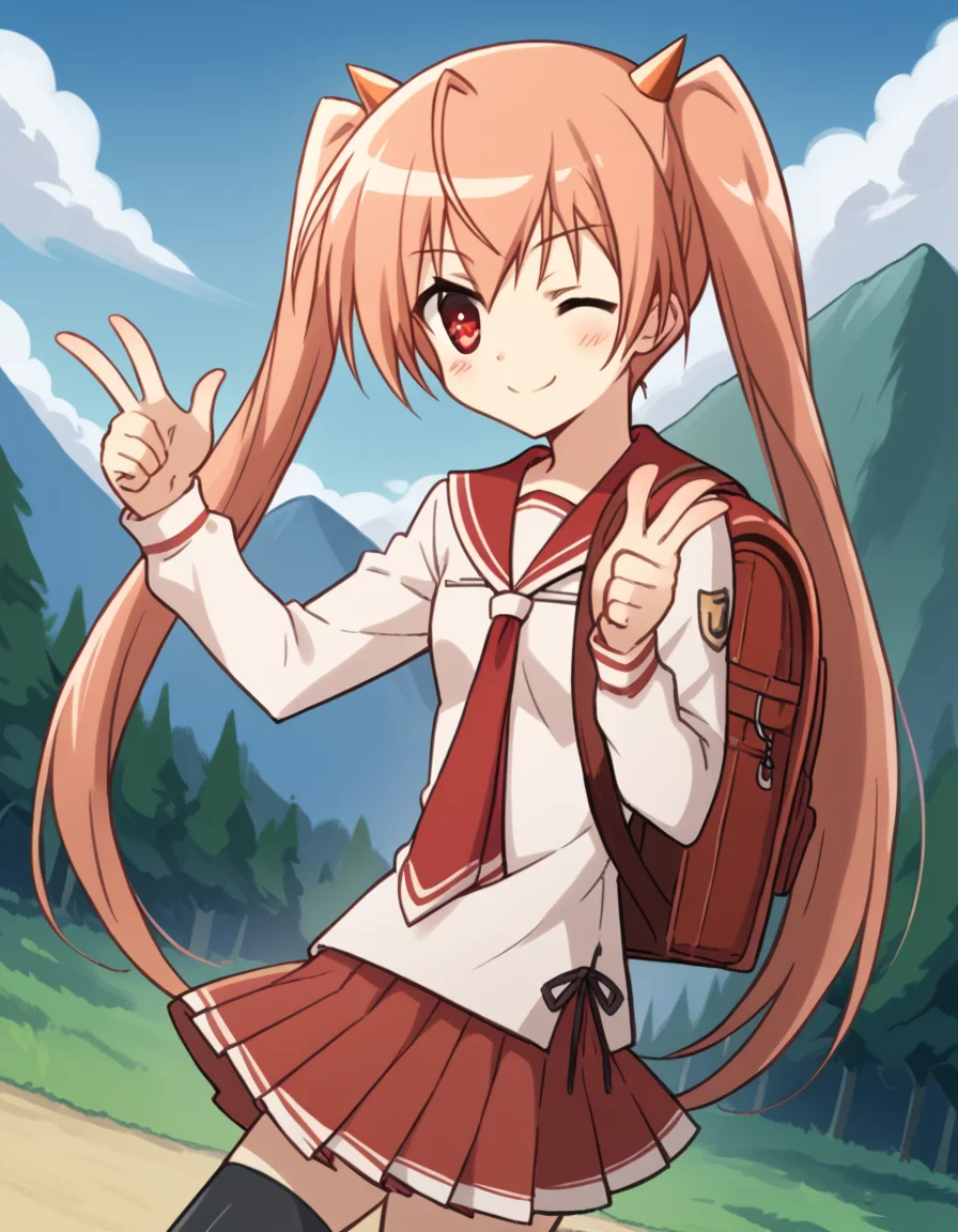 score_9, score_8_up, score_7_up, source_anime, <lora:aria-holmes-kanzaki-s1-ponyxl-lora-nochekaiser:1>, aria holmes kanzaki, long hair, red eyes, twintails, pink hair,, skirt, thighhighs, school uniform, serafuku, zettai ryouiki, white shirt, long sleeves, red sailor collar, necktie, red necktie, red skirt, pleated skirt,, mountain trail, hiking, nature, backpack, adventure, fresh air, smile, <lora:double-finger-gun-ponyxl-lora-nochekaiser:1>, double finger gun,, blush, smile, one eye closed, from side, looking at viewer, solo,, dutch angle, cowboy shot
