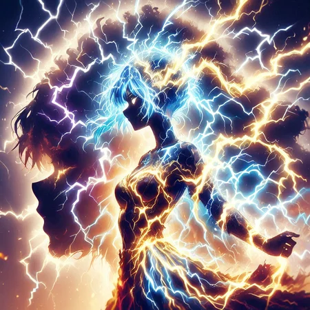(double exposure:1.5), a silhouette of a girl, head and body blending into golden and blue and red and yellow and purple lightning thunder trails:1.4), <lora:lthndrtrl_V3_4:0.6> <lora:DoubleExposure:0.8>