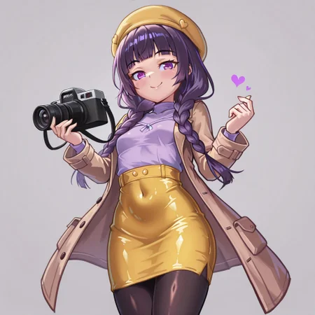 lazypos, girl focus, 1girl, pantyhose, purple eyes, skirt, blush, braid, covered navel, long hair, smile, yellow skirt, breasts, twin braids, hat, video camera, coat, looking at viewer, purple hair, small breasts, heart, black hair, simple background, shirt, pencil skirt, blunt bangs, black pantyhose, camera, grey background, freeze-ex, twgristyle