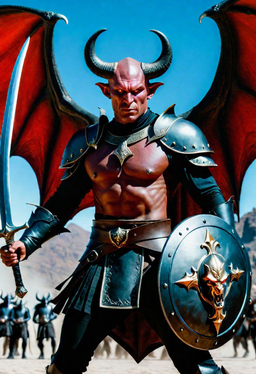 A hyperrealistic 8k photograph was captured by Sid Avery's Hasselblad camera, depicting close-up a handsome+ Tiefling shield bearer with pink+++ skin and slender build during a battle+++, surrounded by demons+, He has a bald head, yellow eyes, calm+ and handsome+ and detailed+ face, He is dressed in a musketeer XVI outfit, high details and era-appropriate, He is wielding a Backsword+ in the right hand, and he is holding a steel shield+++ in the left hand, the character has large demonic wings+++, Backdrop (background) of a focused scene of a battle++ with demons+ next to a white-marble+ palace+, Mysterious composition, imbued with an ambient 3d warm studio backlight, Lovecraftian Horror-themed, in the artistic style of Boris Vallejo++,