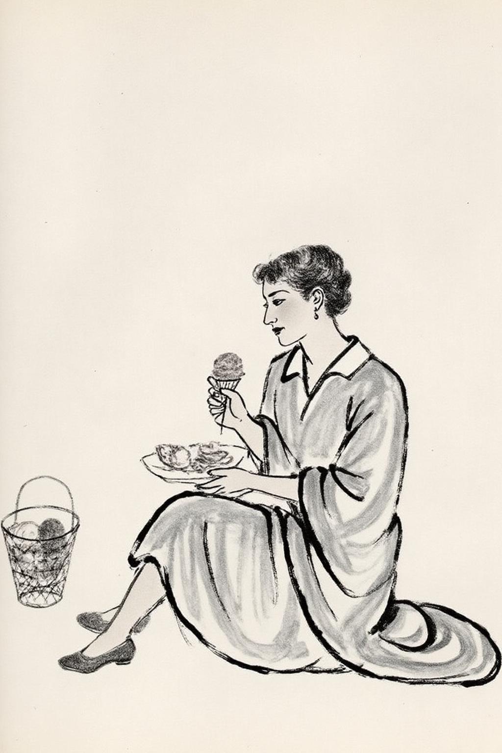 qbs1 ink wash paintingn of a woman sitting on the ground eating ice cream. <lora:qbs1_cap_d6a3e12:1.0><lora:818412963498041485:0>