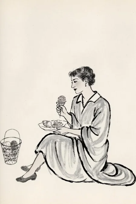 qbs1 ink wash paintingn of a woman sitting on the ground eating ice cream. <lora:qbs1_cap_d6a3e12:1.0><lora:818412963498041485:0>