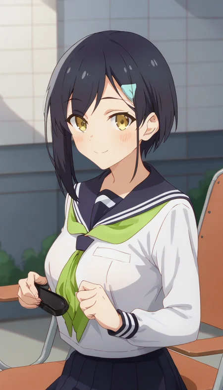 score_9,score_8_up,score_7_up,score_6_up BREAK official art,solo,outdoors,upper body,(portrait:1.5),looking at viewer,facing viewer,smile,blush,Tsubameya Chiharu,black hair,short hair,bob cut,hairclip,bangs,yellow eyes,school uniform,blue sailor collar,green neckerchief,white shirt,long sleeves,medium breasts,blue skirt,pleated skirt,white socks,loafers,brown footwear,<lora:Tsubameya Chiharu(snk)-Pony:1.6>,