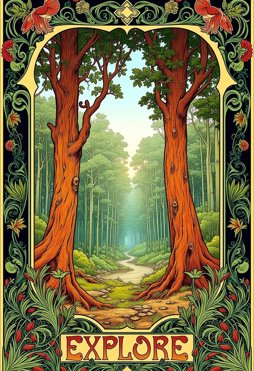 Wild forest with towering ancient trees, poster with the text “EXPLORE”, visual flourishes of leaves and vines, illustration in the style of ARTNV
