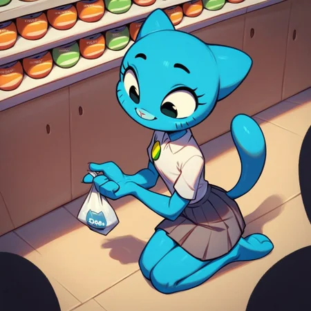 score_9, score_8_up, score_7_up, score_6_up, score_5_up, score_4_up, Nicole Watterson, 1girl, solo, slim, blue skin, blue cat ears, blue tail, badge, white shirt, pleated skirt, no shoes, cat_paw, shop, kneeling, food_can in hand, bags, smile, crowd