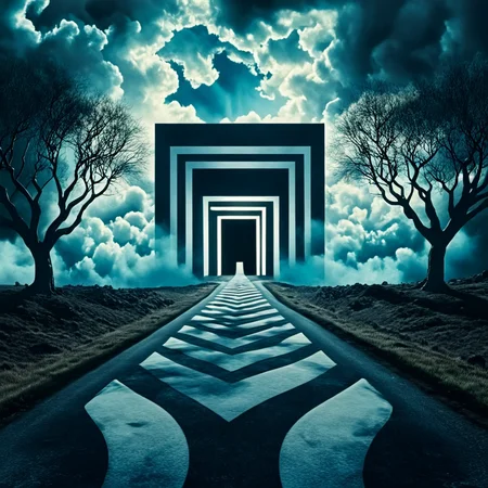 <lora:Geometric_Dreamlike_Movie_r1:1> no humans, cloud, tree, sky, scenery, outdoors, cloudy sky, door, blue sky, nature, ArsMovieStill, A dreamlike movie still, The image is a digital art piece that appears to be a surreal landscape. It shows a long winding road that leads to a large rectangular structure that is lit up with blue and white lights. The structure is made up of multiple lines that form a tunnel-like shape creating a sense of depth and dimension. The sky is filled with dark clouds and the sun is shining through the clouds casting a warm glow on the scene. On either side of the road there are tall trees with bare branches casting shadows on the ground. The overall mood of the image is eerie and mysterious.