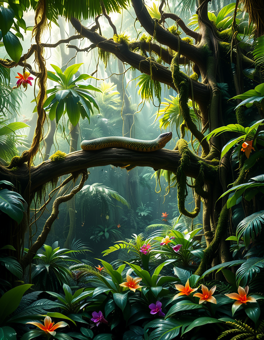 A dense and vibrant jungle,jungl3, captured in a realistic photographic style, with lush green foliage of various tropical plants, tall trees covered in moss and vines, and sunlight filtering softly through the canopy above. The atmosphere feels humid and alive, with small details such as ferns, orchids, and a scattering of tropical flowers in shades of red, yellow, and purple. A narrow, winding dirt path cuts through the undergrowth, partially hidden by fallen leaves and roots. The scene feels immersive and serene, with subtle mist lingering in the distance, enhancing the sense of depth and mystery. The overall lighting is natural, with dappled sunlight creating dynamic shadows on the ground and the surrounding plants.
<lora:jungl3:1><lora:SDXLFaeTastic2400:0.4> <lora:extremely_detailed:0.4> extremely detailed, Masterpiece,best quality,hi res,8k,hi res,8k,award winning,(sharp focus, intricate, highly detailed),