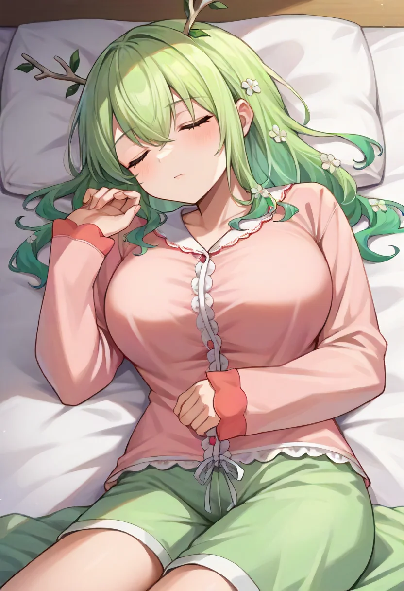 score_9, score_6_up, source_anime, 1girl, solo, green bed, lying, on back, on bed, closed eyes, sleeping, fauna, antlers, pink pajamas, large breasts <lora:ceres_fauna_sdxl_pony:0.8>