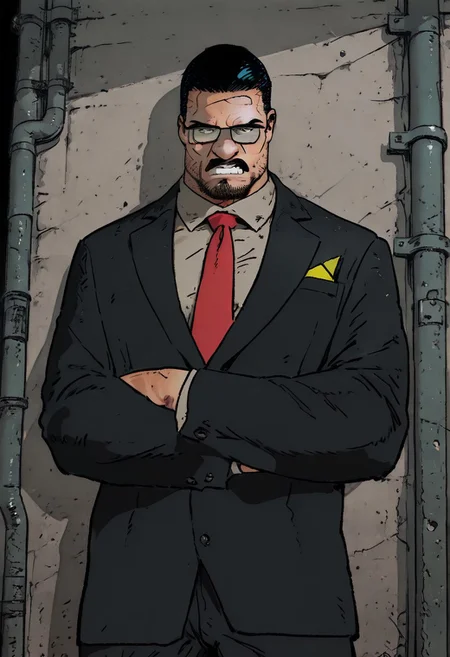 (masterpiece), (ultra-detailed, 8k, gritty cinematic style), mid shot, male pov (best quality), (ultra-detailed), noise effect. chromatic aberration,
BREAK
1 boy, black hair, bara, pants facial hair, mustache, formal, suit, red necktie, collared shirt, glasses, eyes at viewer, bare breasts,no pants, portrait, standing, arms crossed, alley lit by flickering neon, happy, clenched teeth, frown
BREAK
urban desire at its peak,
,