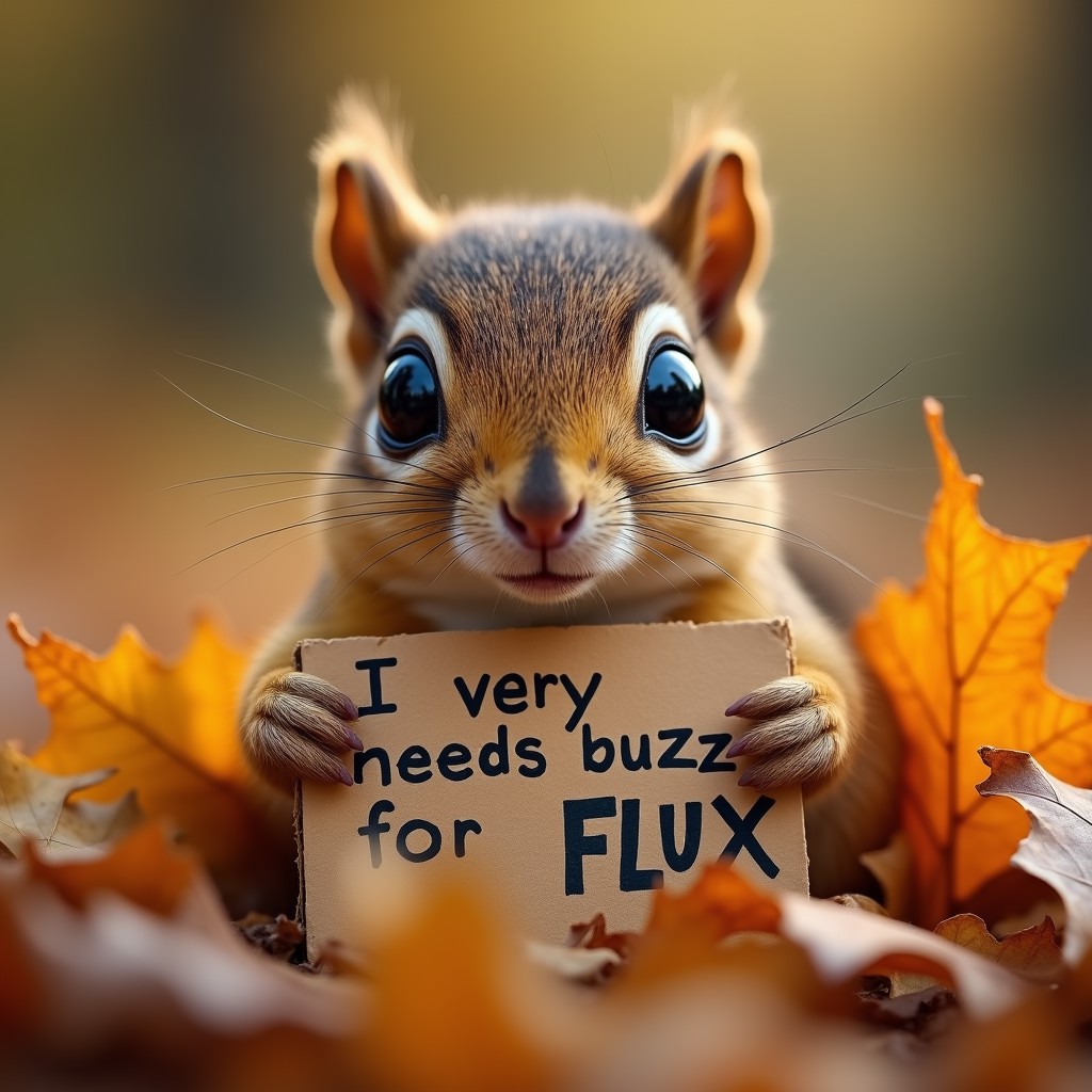 miniature squirrel, oversized dark eyes shimmering holding a cardboard with his paws that reads "I very needs buzzz for FLUX", nestled in a bed of autumn leaves, soft fur dusted with fall colors, high definition macro photography, shallow depth of field, bokeh effect in the background, natural light, ultra clear, highly detailed