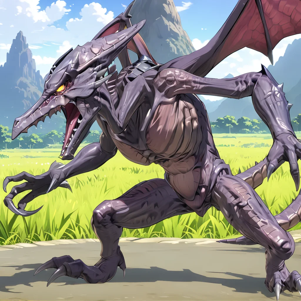 ridleymetroidxl <lora:Ridley_Metroid:.7>, fighting dinosaur, (anime, masterpiece, intricate:1.3), (best quality, hires textures, high detail:1.2), (4k),(incredibly detailed:1.4),UHD, 8K, ultra detailed