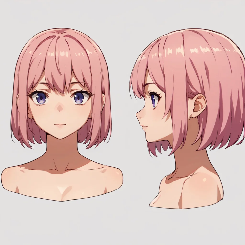 score_9, score_8_up, score_7_up, score_6_up, score_5_up, score_4_up, BREAK source_anime, <lora:character_sheet:0.9>, frond an side, multiple views,  front and side, headshot,1girl, purple eyes, pink hair, large breasts, navel,
