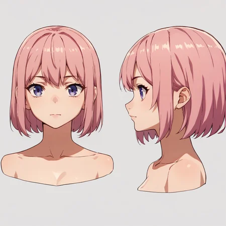 score_9, score_8_up, score_7_up, score_6_up, score_5_up, score_4_up, BREAK source_anime, <lora:character_sheet:0.9>, frond an side, multiple views,  front and side, headshot,1girl, purple eyes, pink hair, large breasts, navel,