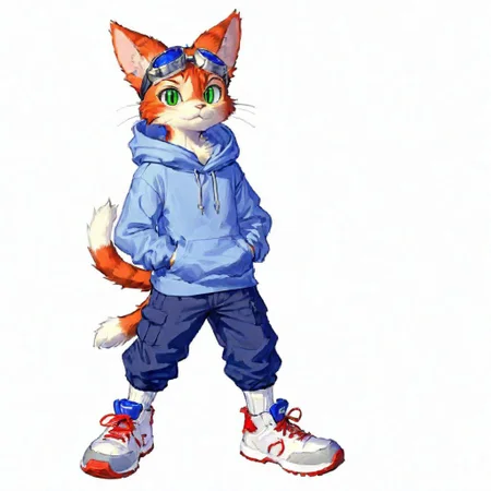 Blinx, solo, looking at viewer, simple background, gloves, 1boy, white background, green eyes, standing, tail, full body, shoes, pants, white gloves, hood, cat tail, hoodie, :3, cat, white footwear, slit pupils, goggles, furry, goggles on head, red pants, blue hoodie
