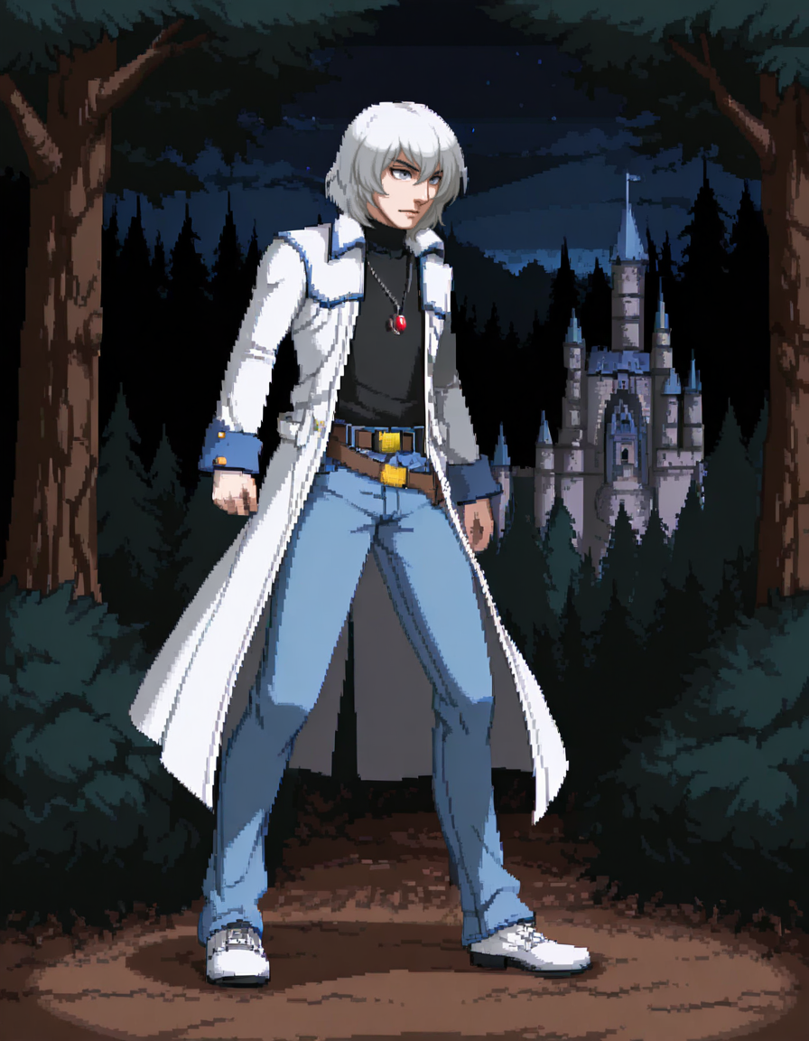 solo, 1boy, male focus, jewelry, belt, coat, denim, pants, jeans, necklace, turtleneck, white hair, grey eyes, pendant, soma cruz <lora:Soma_Cruz_Castlevania_Aria_of_SorrowIllustrious:1>  <lora:Amazon(Taitara)_IL:0.8> taitara, castle, forest, night, realistic <lora:Dengeki_Bunko-illus_Fp:0.8> full body, pixel art,