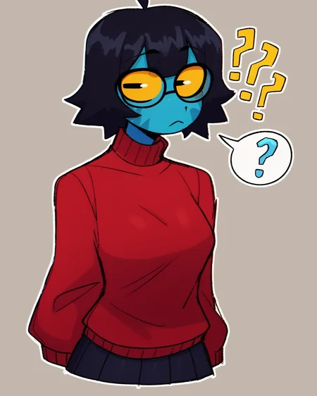 score_9_up, score_8_up, score_7_up, score_6_up, by remanedur, half-length portrait, medium breasts, black hair, blue body, yellow sclera, horizontal pupils, red topwear, red sweater, short hair, female, glasses, question mark, black skirt, looking at viewer, solo, neutral expression, black boots, three-quarter view, head tilt, simple background, white outline,<lora:Leah_Pines(AIM)_XL_v1:0.15> <lora:PDXL_artist_tags_v2_big:0.5> <lora:The-Minuscule-Task_PDXL_v1.0:0.6> <lora:Zul_ZzzilArt:0.75>