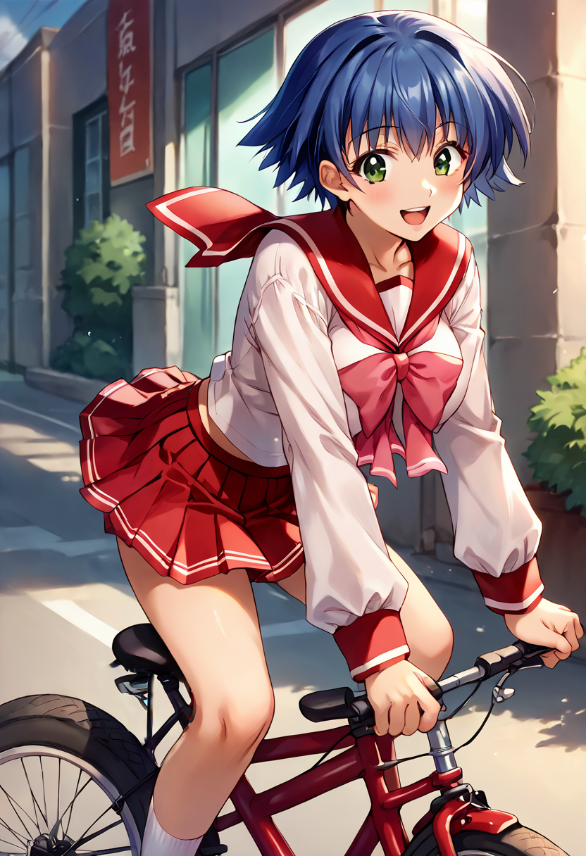 score_9, score_8_up, score_7_up, source_anime BREAK 1girl, solo, <lora:toheart_yuma:0.9>, toheart_yuma, school uniform, serafuku, red sailor collar, pink bowtie, long sleeves, red skirt, mini skirt, large breasts, blue hair, bangs, short hair, dark green eyes, looking at viewer, smile, open mouth, riding a bicycle, city
