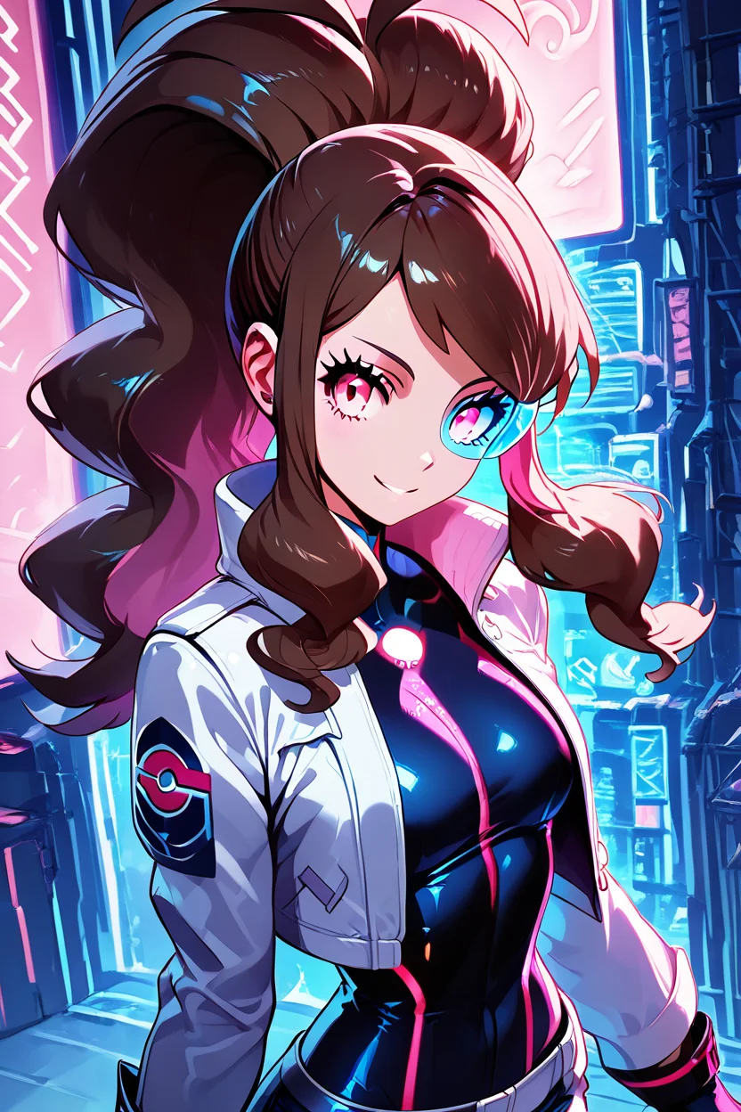 score_9, score_8_up, score_8, medium breasts, (curvy), cute, eyelashes, ,,, , zzHildaLuxCitron, pink eyes, brown hair, high ponytail, long hair, multicolored hair, pink hair, ponytail, sidelocks, white jacket, long sleeves, shiny, pants, black gloves, cyberpunk, scouter, <lora:HildaLuxVoltPDXL:1>, , BREAK, ,,, upper body, smile, looking at viewer, ,,, shiny skin, <lora:ProAnime_PDXL_v1:0.8>, night, soft shadows, moonlight reflecting off skin, whisper of wind, ,,, embedding:zPDXL, Expressiveh, <lora:SDXLFaeTastic2400:0.5>, <lora:Expressive_H-000001:0.4>,