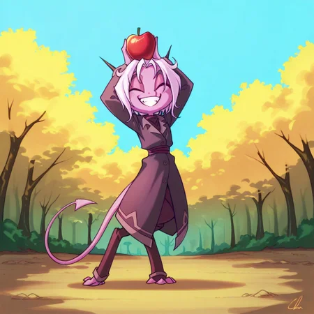 score_9, score_8_up, score_7_up,namah_calah,
1girl,solo,furry,tail, source_furry,horns,
,<lora:namah_calah_illustrious:0.8>,
child, kid,
balancing, apple, playful, smiling, cute, outdoors, warm colors, fluffy hair, bright sky, soft shading, standing under a bright blue sky, balancing an apple on her head with a playful grin. She wobbles slightly, trying her best not to let it fall.