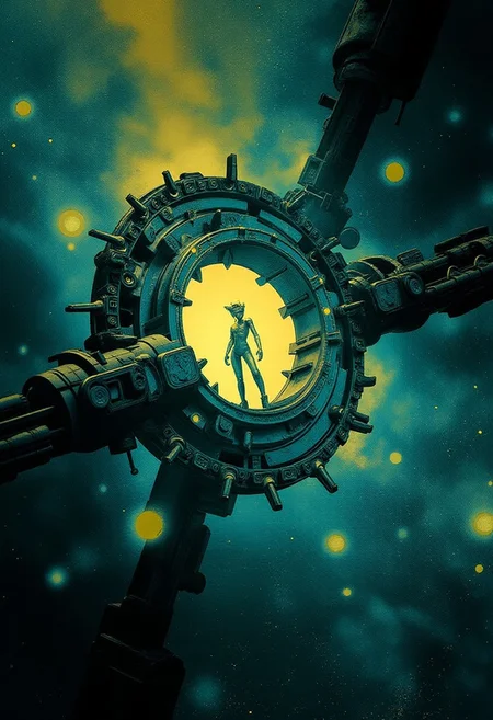 liminal space, Synthesis, Phase Twist, pain, Saw, Fourier, Bekeshi and Hole, by Ashley Wood, mechanical and organic background, contrast of light and dark, surreal atmosphere. spaceship, cosmic woman, outer space, Sci-fi Environments,cyberpunk, cable