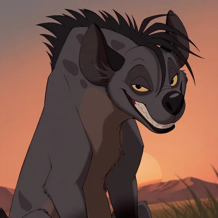 8k, uncensored, masterpiece, best quality, highly detailed, realistic, 1girl, solo, ShenziTLK, furry, feral, hyena, black hair, short hair, back mane, dark-grey inner ear fluff, yellow sclera, black eyes, black nose, dark-grey body, dark-grey fur, dark-brown body, dark-brown fur, two tone body, two tone fur, dark-grey spots, short tail, black tail, smile, closed mouth, sharp teeth, grin, (looking at viewer, sitting, africa, sunset, grass, front view, detailed background, upper body, narrowed eyes