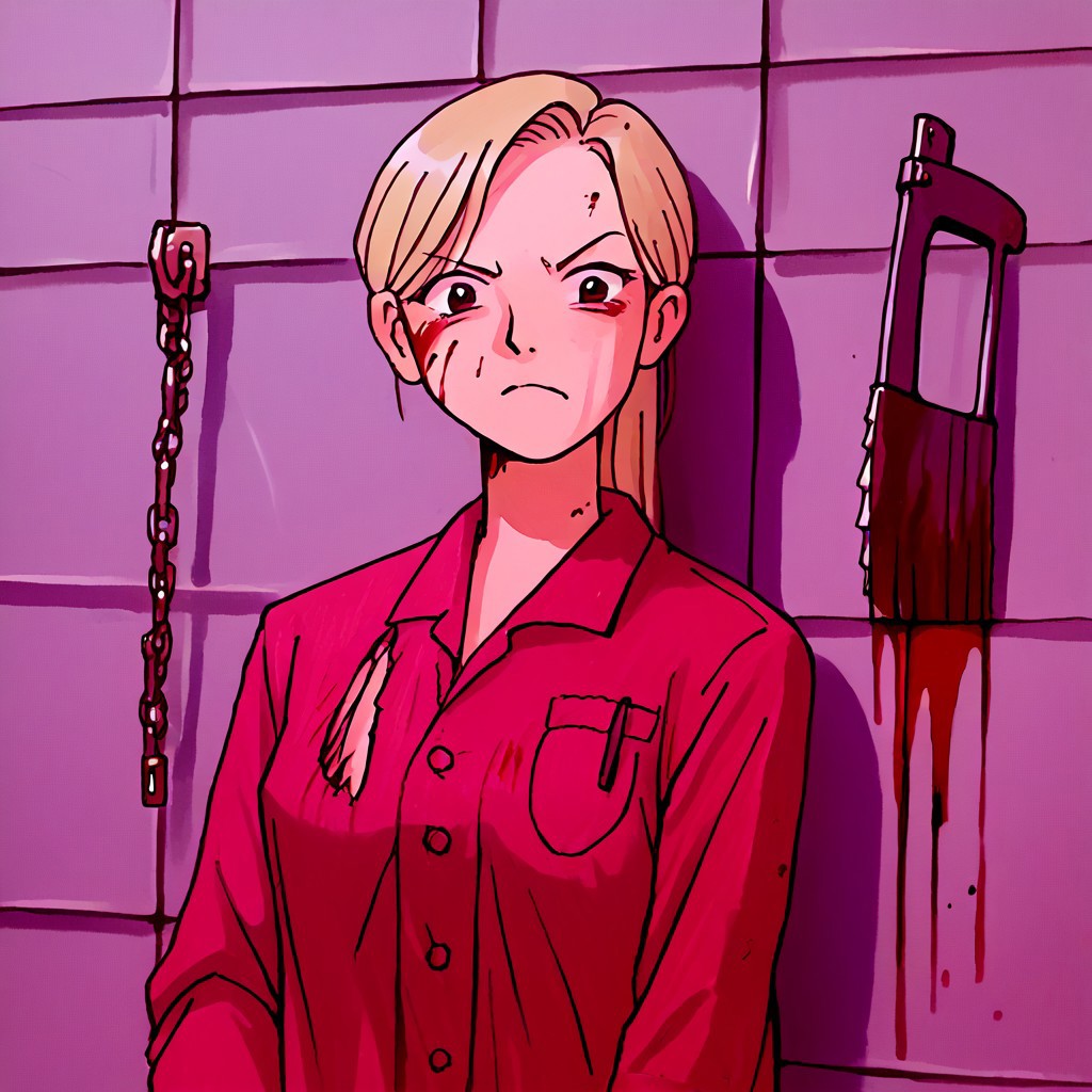 Bpb1,Source_anime,traditional media,Score_9,score_8_up, score_7_up, score_6_up,( random scenareo:1.2),bpb_char,1girl,(raquel), doctor outfit, evil stare,  blonde ,holding saw, bloody saw, axe, dark dungeon, chains on walls