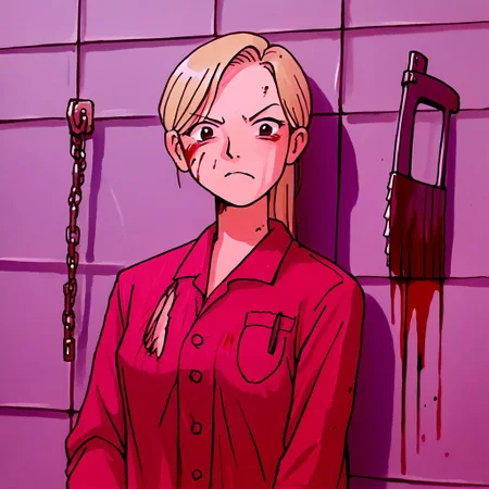 Bpb1,Source_anime,traditional media,Score_9,score_8_up, score_7_up, score_6_up,( random scenareo:1.2),bpb_char,1girl,(raquel), doctor outfit, evil stare,  blonde ,holding saw, bloody saw, axe, dark dungeon, chains on walls
