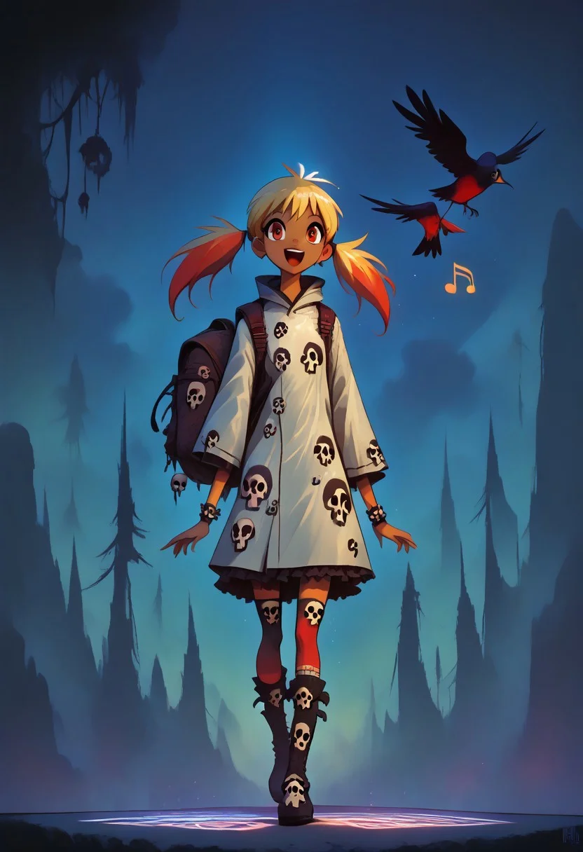 (masterpiece, best quality, high quality, good quality), 1girl, solo, petite, twintails, raincoat, backpack, frilled skirt, rubber boots, blue sky, walking, on cloud, happy, humming, musical note, rainbow, sparkle, sunlight, bird, full body, pastel colors, colorful
,FFAnime Style, slimes_skullwm, made of skulls