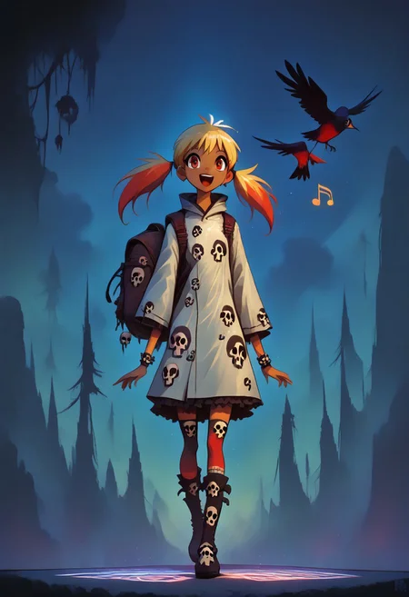 (masterpiece, best quality, high quality, good quality), 1girl, solo, petite, twintails, raincoat, backpack, frilled skirt, rubber boots, blue sky, walking, on cloud, happy, humming, musical note, rainbow, sparkle, sunlight, bird, full body, pastel colors, colorful
,FFAnime Style, slimes_skullwm, made of skulls