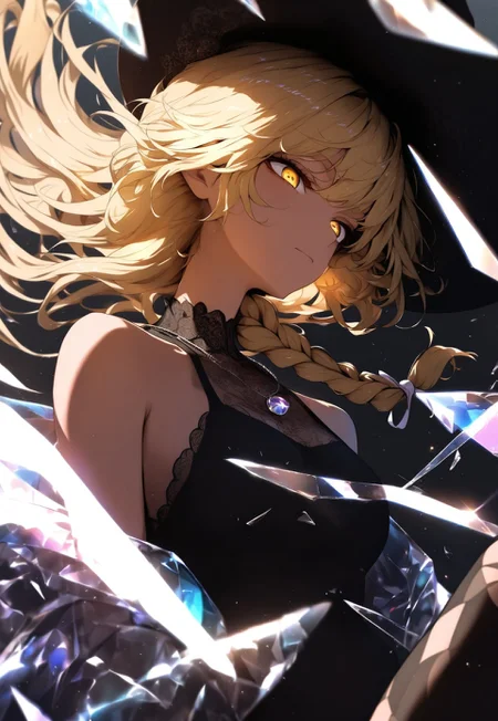 close-up, kirisame marisa, touhou, 1girl, yellow eyes, blonde hair, long hair, single braid, witch hat, falling down, skyscraper, transparent jacket, holographic clothing,(iridescent),open jacket, puffy_sleeves, sleeves_past_fingers, sleeves_past_wrists, very_long_sleeves, bare shoulders, dark nightsky, dynamic pose, abstract, intricate pattern mismatched legwear, black lace dress, reflection, light particles,glitching, closed mouth, darkness, fantasy, dark, strong visual impact, loop lighting, glass shards, broken glass, frills, necklace, shattering, cracking, dramatic composition, city lights, cityscape, bioluminescence, hair floating up,
ultra-detailed face, Solo,,
dynamic light, light particles, beautiful light, detailed background,depth of field,
ambient lighting, soft shadows, raytracing,ambient occlusion,
masterpiece, high score, great score, absurdres, best quality, very aesthetic, huge filesize, JK Style,