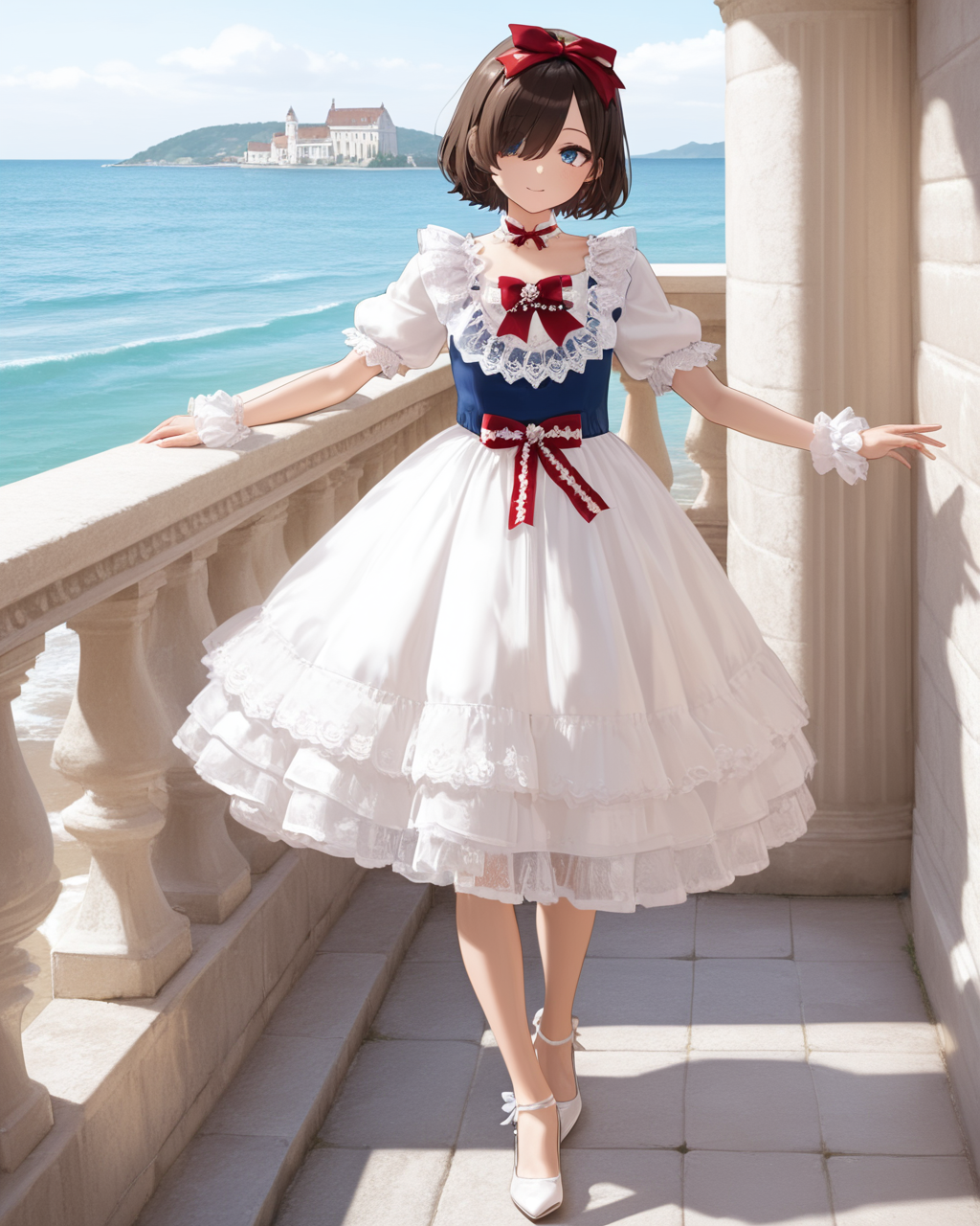 Positive: Masterpiece, best quality, amazing quality, very aesthetic, high resolution, ultra-detailed, absurdres,
1girl, solo, 
brown hair,short hair,blue eyes,
hair over one eye,
blue top white skirt red accented lace bow dress,
blue vest,white dress,red bow,puffy short sleeves,frilled dress,lace trim,apron,wrist cuffs,choker,lace,frills,
hair bow,
white pumps with bow,
full_body,walking, arms extended horizontally at shoulder height with relaxed palms, 
outdoors,sea,flower,White buildings, Greek architecture, domed structures,  Mediterranean vibe, stone textures, coastal scenery