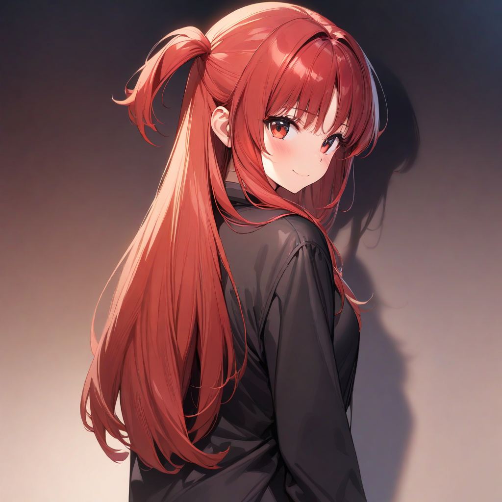 (masterpiece),(best quality),(ultra-detailed),(best illustration),(best shadow),(absurdres),(detailed background),(very aesthetic), chtholly(sukasuka), 1girl, solo, red eyes, smile, long hair, red hair, looking at viewer, bangs, closed mouth, looking back, blush, one side up, black jacket, gradient background, upper body, jacket <lora:XL-Chtholly:1>