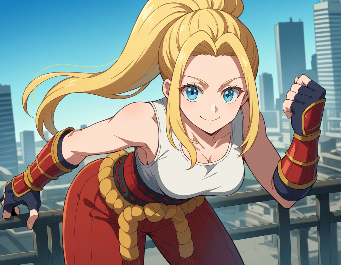 score_9, score_8_up, score_7_up, source_anime,
beatrixamerhauser, <lora:beatrix-amerhauser-s1-ponysdxl-lora-nochekaiser:1>,
beatrix amerhauser, long hair, blue eyes, blonde hair, gloves, ponytail,
gloves, fingerless gloves, armor, japanese armor, tank top, white tank top,
outdoors, cityscape, bent over, smile,
looking at viewer, cowboy shot, dutch angle, solo,
