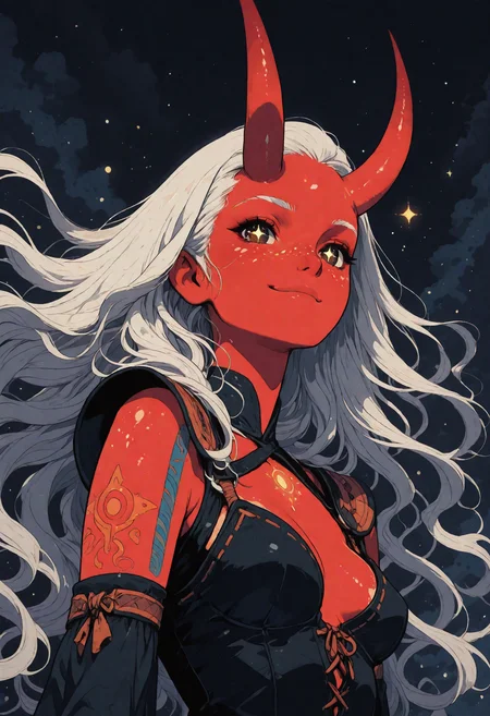 oni girl, (white hair:1.5), (red skin:1.4), (large red horns:1.6), cute, smirk, tribal fantasy armor, (glowing freckles:1.3), (sparkling eyes:1.4), (flowing hair:1.5), (anime style:1.3), (night sparkles background), shoulderfree, medium round breasts, shiny skin, magical atmosphere, joyful expression, soft lighting, dynamic hair strands, vibrant color contrast, fantasy tribal jewelry :: anime, cel-shaded, digital painting, fantasy illustration :: artist: Kazuki Takahashi, low angle
sinozick style, flat color, dark theme, in the style of cksc, illustration, masterpiece, (extremely detailed CG 8k), (very fine 8K CG), (ultra detailed perfect piece:1.2), lat color, no lineart,,(no lineart, flat art style:1.0), NO_LINE_ART, comical, simple,
<lora:Sinozick_Style_XL_Pony:0.35> <lora:NOOB_vp1_detailer_by_volnovik_v1:1> <lora:ponyv6_noobV1_2_adamW:0.9> <lora:ck-shadow-circuit-IL:1>