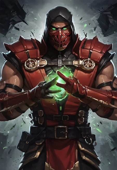 score_9, score_8_up, score_7_up, score_6_up, score_5_up, score_4_up, masterpiece, perfect face, perfect eyes, Mortal Kombat Style,
solo, looking at viewer, gloves, 1boy, (((red armor))), male focus, belt, hood, (((red mask))), glowing, shoulder armor, glowing green eyes, ninja, sickle gloves,
background ((highly detailed, masterpiece, swirling green soul orbs, debris, gothic like atmosphere)), at night, sexy guy, (((Mortal Kombat Style))), mature male, standing, green glowing magic energy in hands, body glowing with a green outline of energy, dynamic pose, serious, serious look, ((half body shot:1.5)), front view, male focus, looking at viewer,