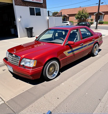 a mercedes W124 lowrider, red metalflake paint with cyan and gold straight line designs on it, white sidewall tires, gold wire wheels, in a los angeles street <lora:w124_flux:1> <lora:lowrider:1>