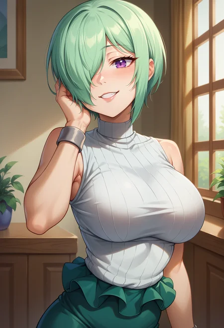 score_9,score_8_up,score_7_up BREAK 1girl,jelodruj,indoors,standing,head tilt,hand on own cheek,green hair,purple eyes,hair over one eye,turtleneck sweater,sleeveless,grey wristband,green skirt,pencil skirt,medium skirt,looking at viewer,seductive smile,<lora:Druj-JeloXL-000008:1>,