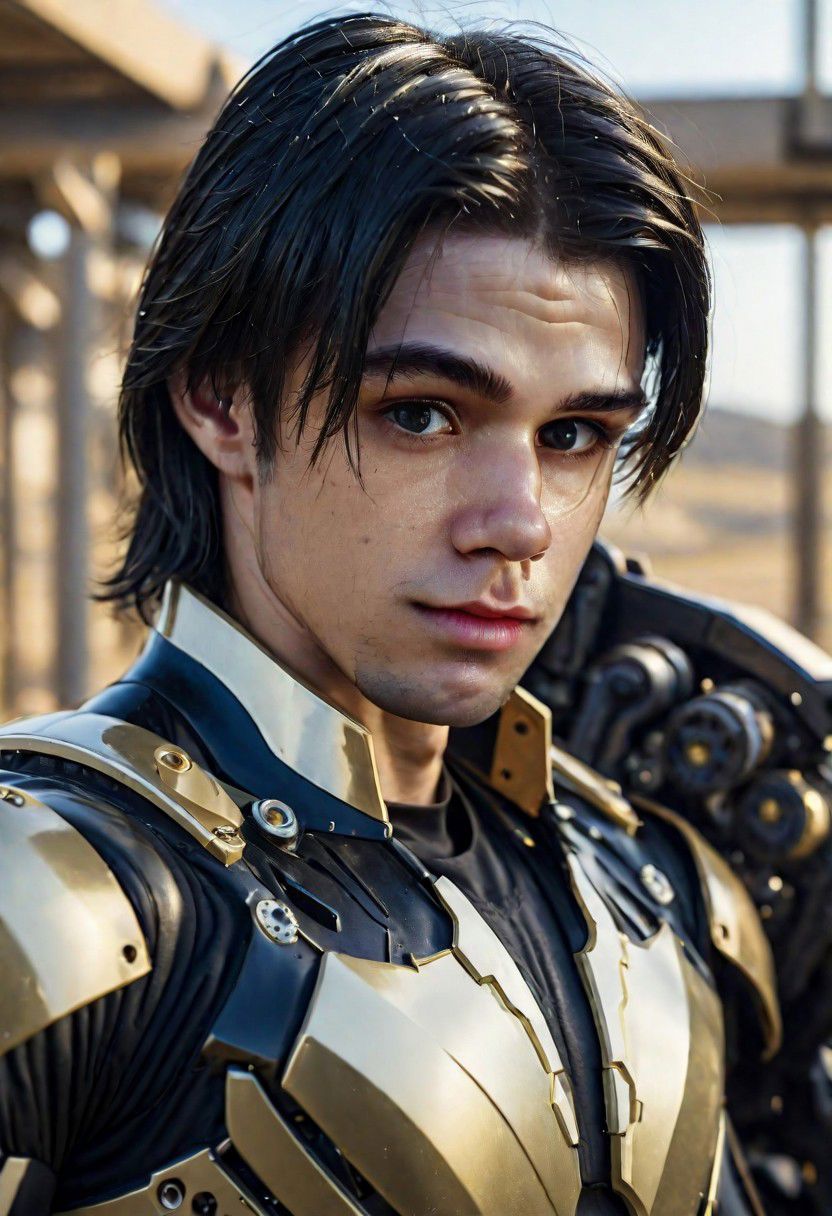 cinematic photo long shot portrait of a (black) ivory mechanical warmachine (with beautiful black hair a man inside 18-20 years old) with (gold) and (black) on a scifi battlefield,high details,sci-fi,subsurface scattering,hyper realistic,concept art,illustration,extremely detailed,extremely intricate,extremely sharp lines,sharp focus,fascinating,4k,8k,smooth,masterpiece,award-winning,art by jim lee,art by wlop,full body shot,. 35mm photograph,film,bokeh,professional,4k,highly detailed,Curi