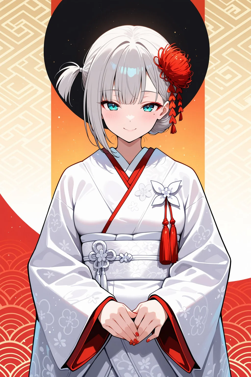 masterpiece, best quality, anime, 2d, 1girl, aqua eyes, red eyeshadow, mole under eye, grey hair, short hair, one side up, hair bun, hair flower ornament, uchikake, japanese wedding dress, white sash, tassels, wide sleeves, red nails, <lora:ShoukakuNBCAMEq4+1v1 AL:1>, abstract, absurdres, incredibly absurdres, establish, facing viewer, cowboy shot, shiny skin, abstract background, mature female, naughty face
