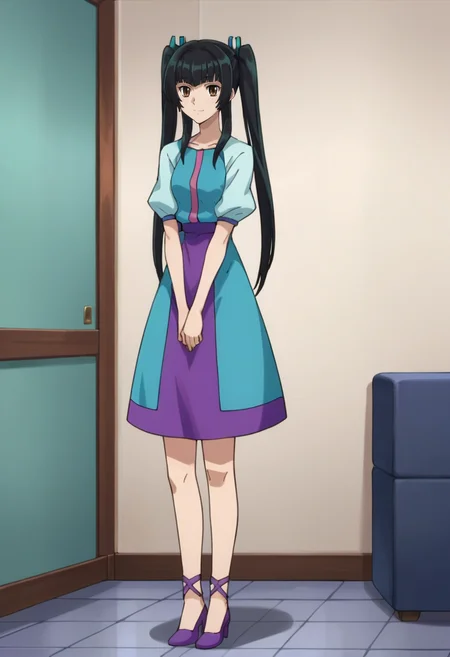 score_9,score_8_up,score_7_up,anime coloring BREAK source_anime,anime,<lora:Wang_Liu_Mei_Gundam_00_Pony:0.7>,liumei,1girl,solo,brown eyes,black hair,twintails,long hair,hair ribbon,two-tone dress,high heels,smile,standing,v arms,indoors,room,